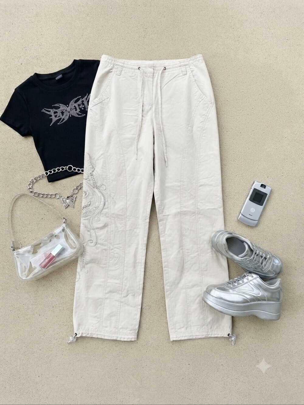 90s Y2K Together Off White Embellished Cargo Style Straight Leg Pants